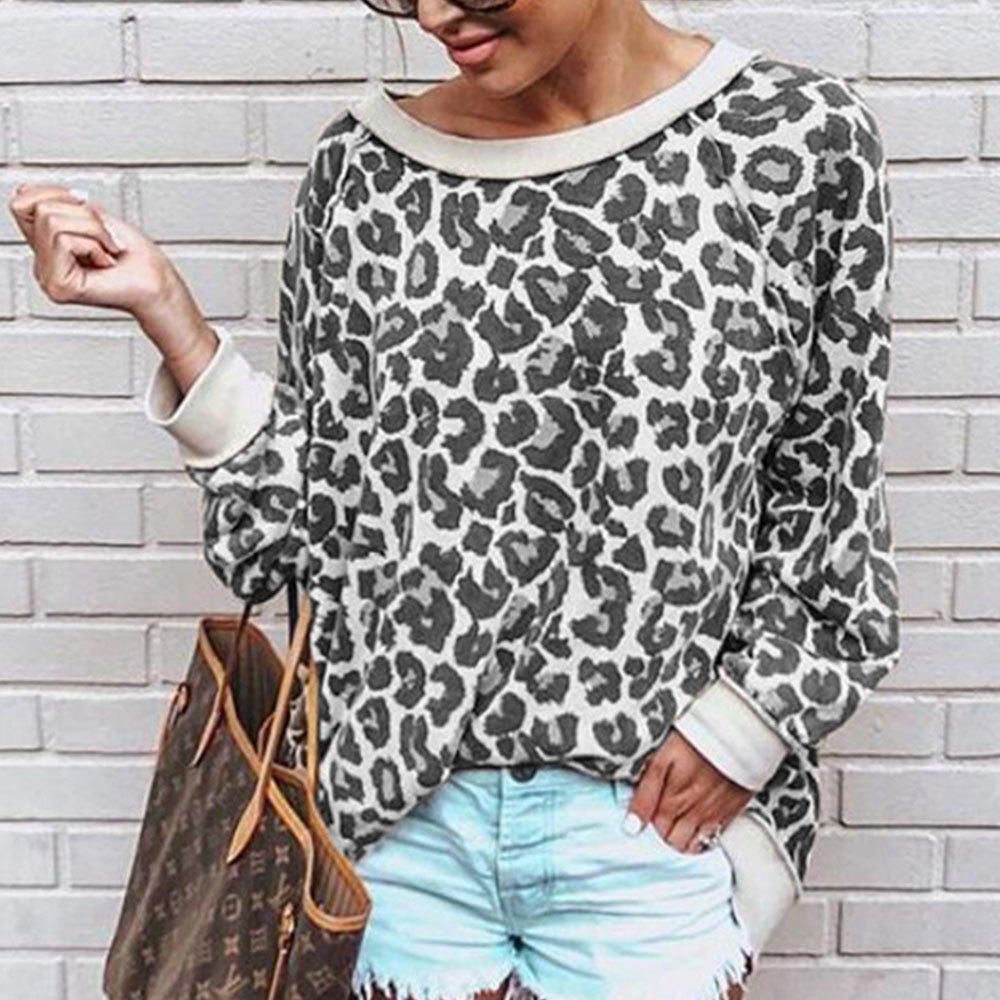 Women Leopard Print Sweatshirt Long Sleeve O Neck Loose T Shirt 5 Colors Casual Pullovers Vintage Tops Spring 210428