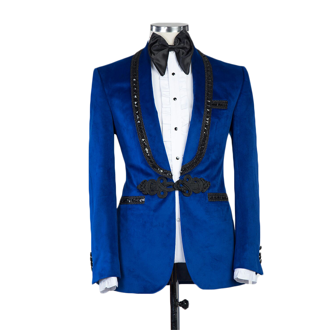 Blue Velvet Mens Suits Black Sequins Groom Wedding Blazer Tuxedos Formal Business Prom Pants Coat Jacket 2 Pieces