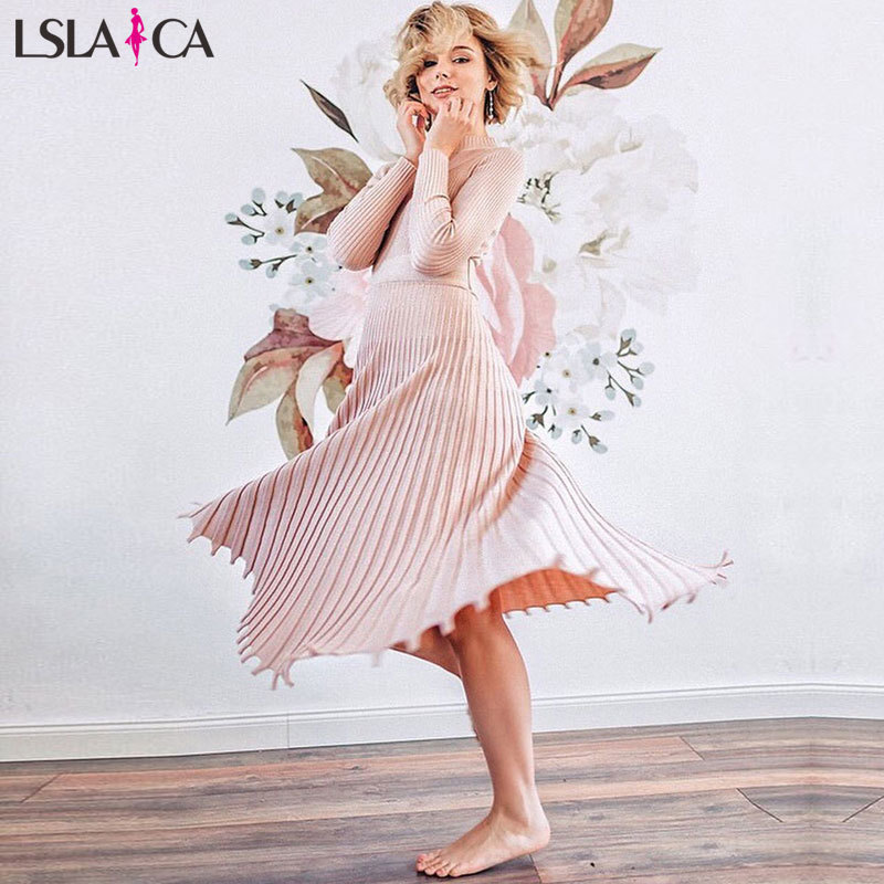 Lslaica dress women fashion sale midi sweater solid color casual O-neck long sleeve slim high waist for 210515