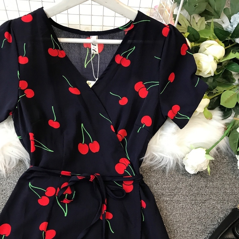 Print Summer Dress Women Cherry Short Sleeve Elegant Sweet Vestidos V Neck Short Sleeve Chiffon Dresses A-line 210521