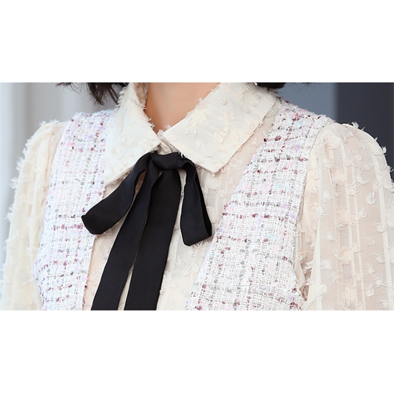 Autumn And Winter Two Piece Dress Set Women Long sleeve Bow Shirt Tweed Suit Casual Robe Femme 210520