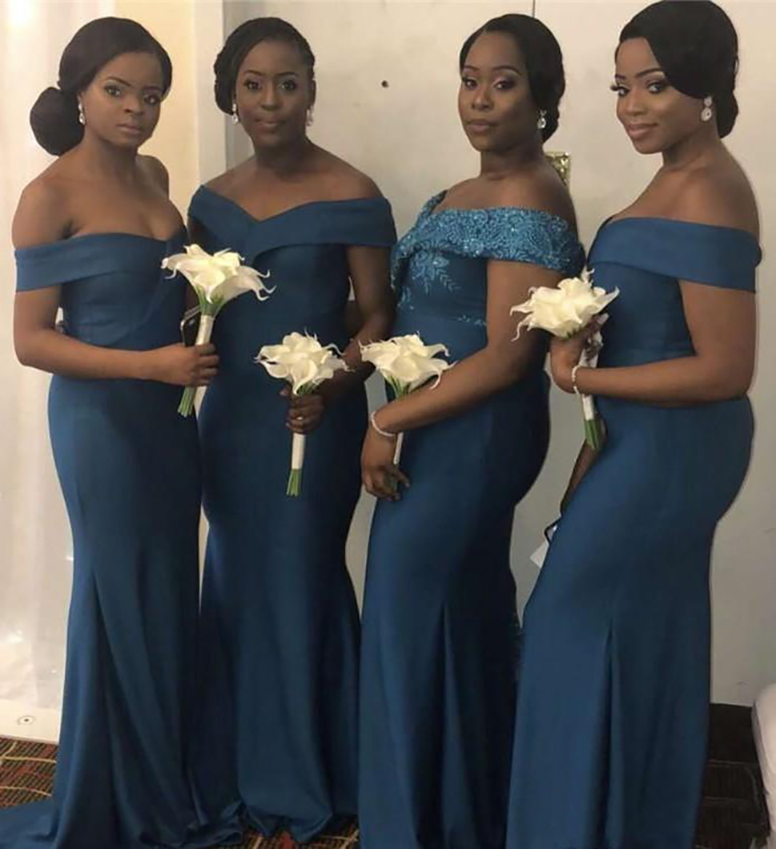 Teal Mermaid Bridesmaid Dresses 2021 Off Shoulder Sweep Train Appliques Garden Country Wedding Guest Gowns Maid of Honor Dress Plus Size