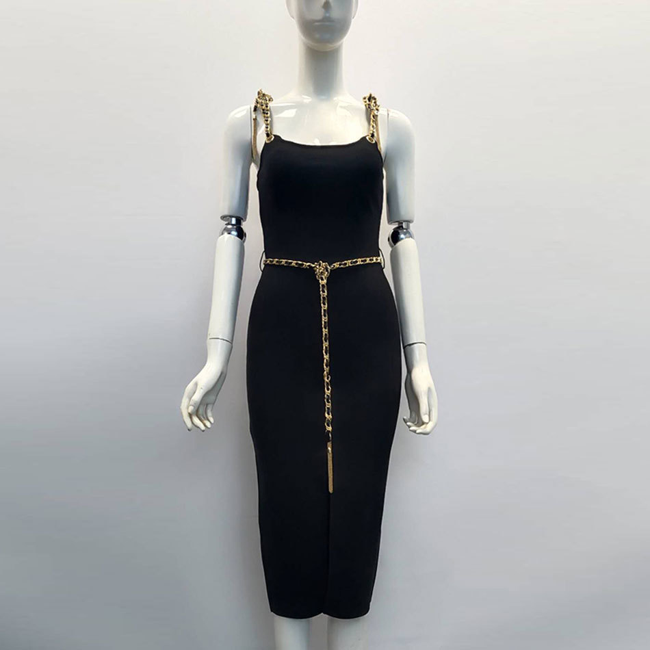 Free Chain Strap Sleeveless Midi Bandage Dress Women Sexy Bodycon Waist Split Club Party es 210524