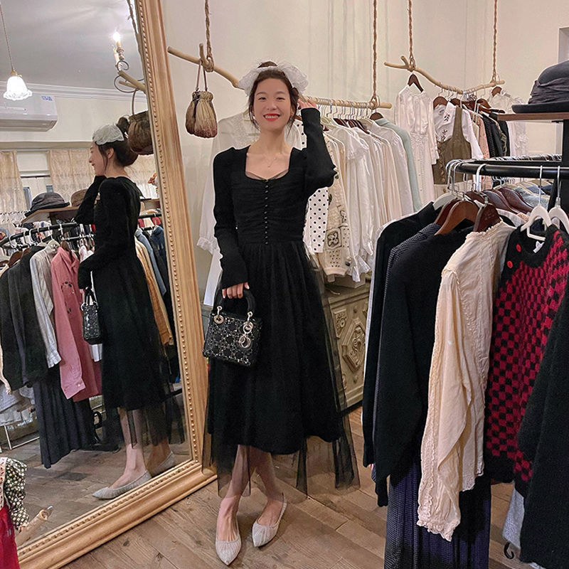 Knit Dress Korea Spring Lace Elegant Dress Ladies Long Sleeve Square Collar Slim Fairy Office Vintage Dress Women 210521