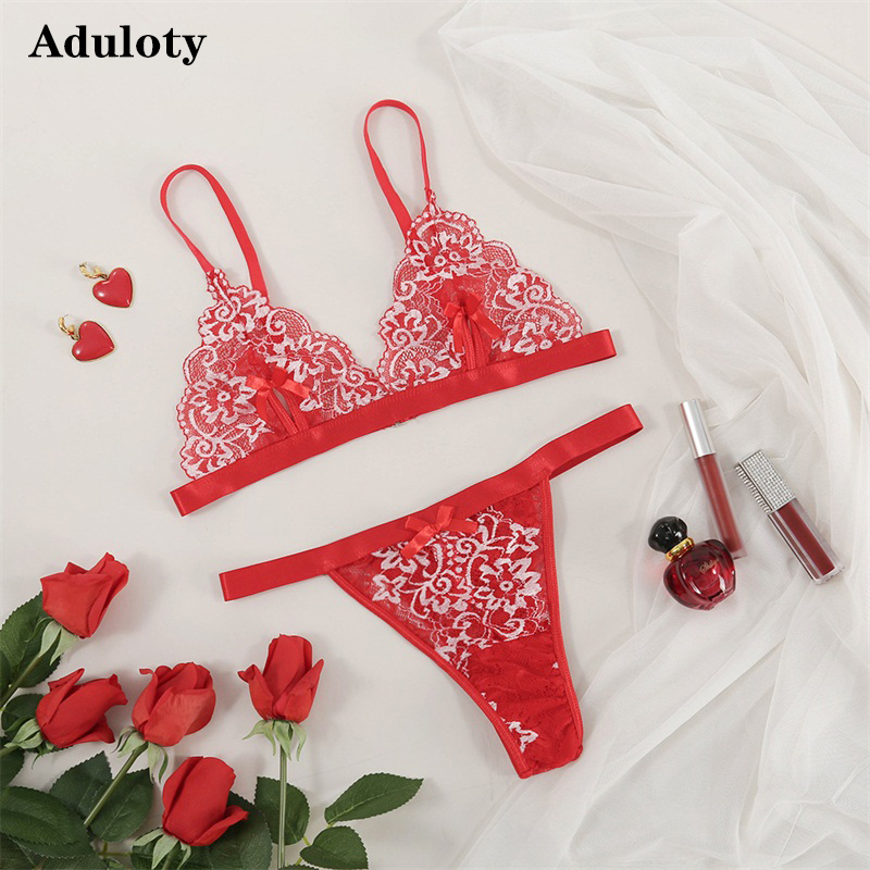 New Sexy Womens flower embroidery thin lace underwear set wire free bra and panty mesh see-through thong erotic lingerie, Red 
New Sexy Womens flower embroidery thin lace underwear set wire free bra and panty mesh see-through thong erotic lingerie, Red