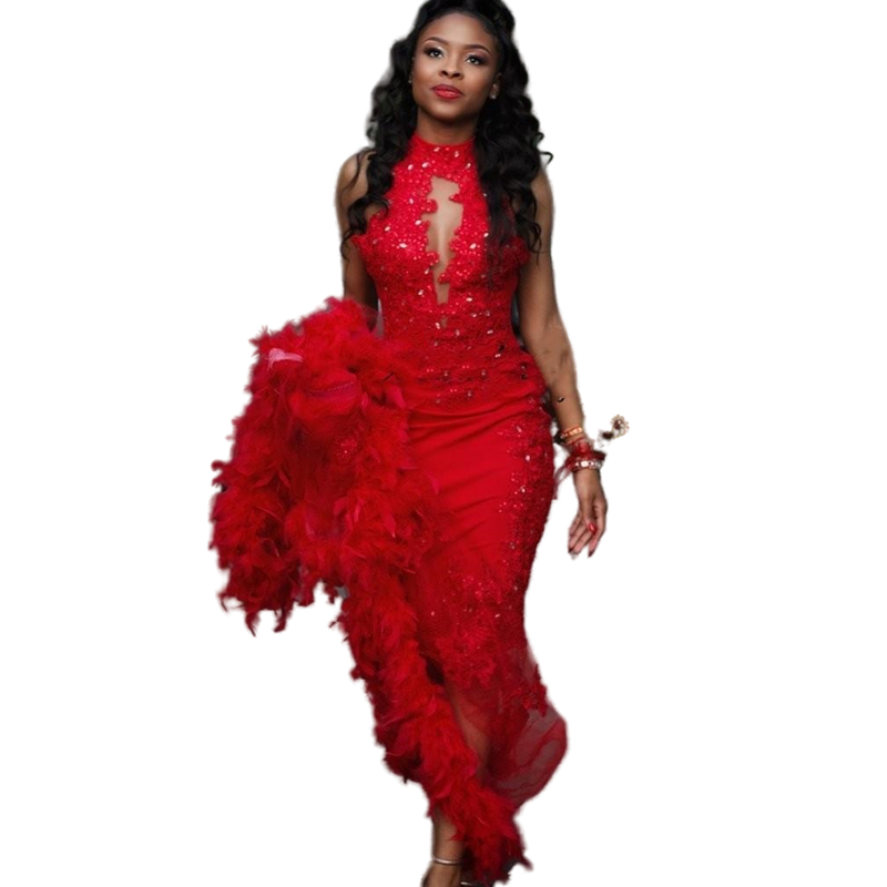 Sexy African Red Feather Prom Dresses Crystal Beaded Halter Keyhole Lace Appliques Long Formal Evening Gowns Sleevless Woman Pageant Special Occasion 