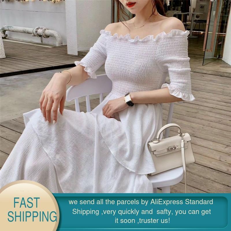 Vintage Off The Shoulder Dress White Korean Style Long Chiffon Elegant Womens es Casual Summer 210428