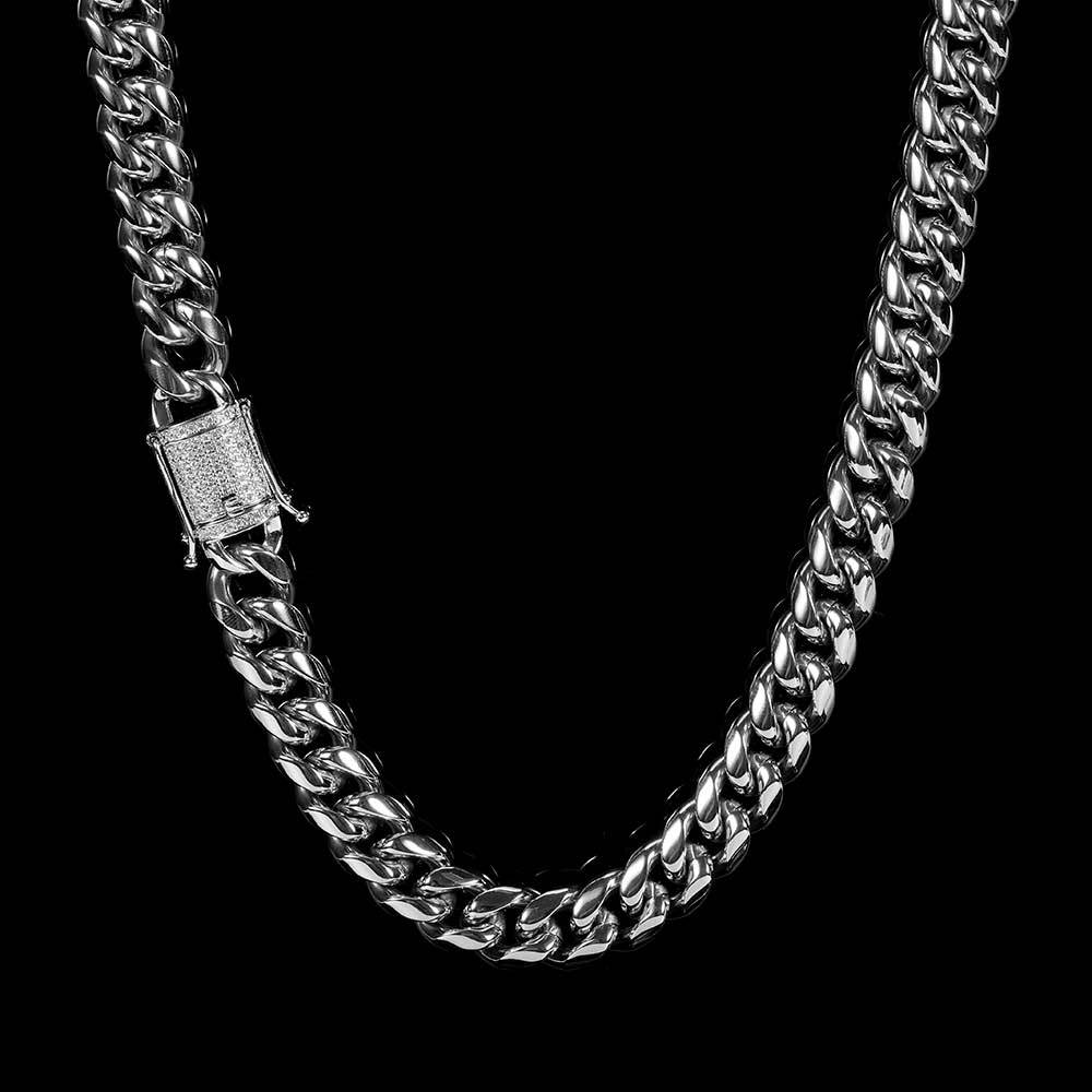 12mm Diamond Buckle Stainless Steel Cuban Chain Men's Necklace Polished Encrypted Round Grinding Hip Hop Titanium Necklace