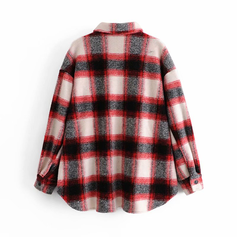 Vintage Woman Red Loose Plaid Woolen Coats Autumn Winter Fashion Ladies Warm Pocket Female Casual Oversized Jackets 210515