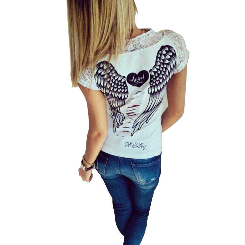 T Shirt White Woman Cotton Women Summer Fashion Print T-shirt Vest Angel Wings Top Casual Women's Lace Short Sleeved T-shirt X0628