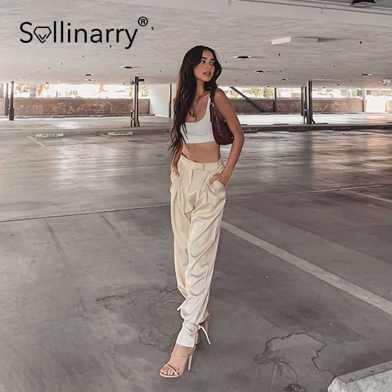 Sollinarry Fashion loose trousers elegant High street satin drape hem sash pants spring Chic office lady outfit female bottom 210709