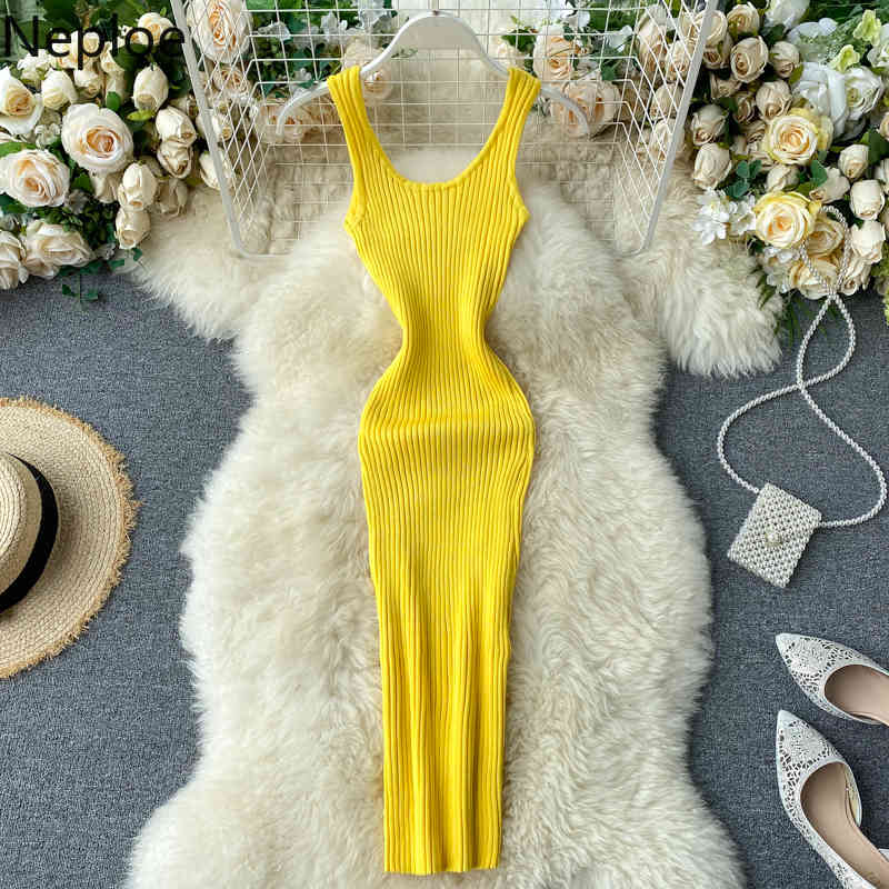 Neploe Sexy Woman Dress Korean Robe Square Collar Sleeveless Knitted Vestidos Mujer Summer Slim Bodycon Vintage Dresses 210422