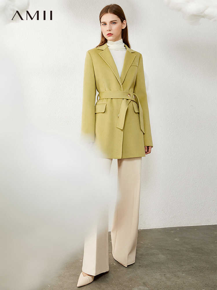 Minimalism Winter 100%WOOL Coat Female Fashion OLstyle Simple Solid Belt Double-sided Woolen Women's Jacket 1325 210527