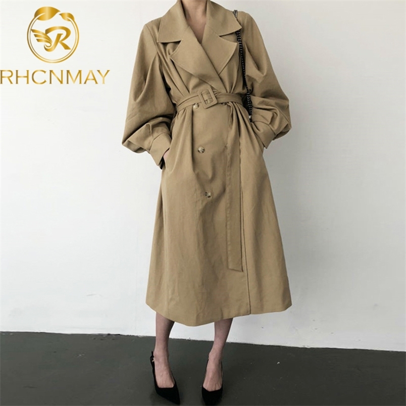 Winter Woman khaki Long Trench Coat British Style Vintage Puff Sleeve Dust Elegant Waist Bandage Windbreaker 210506