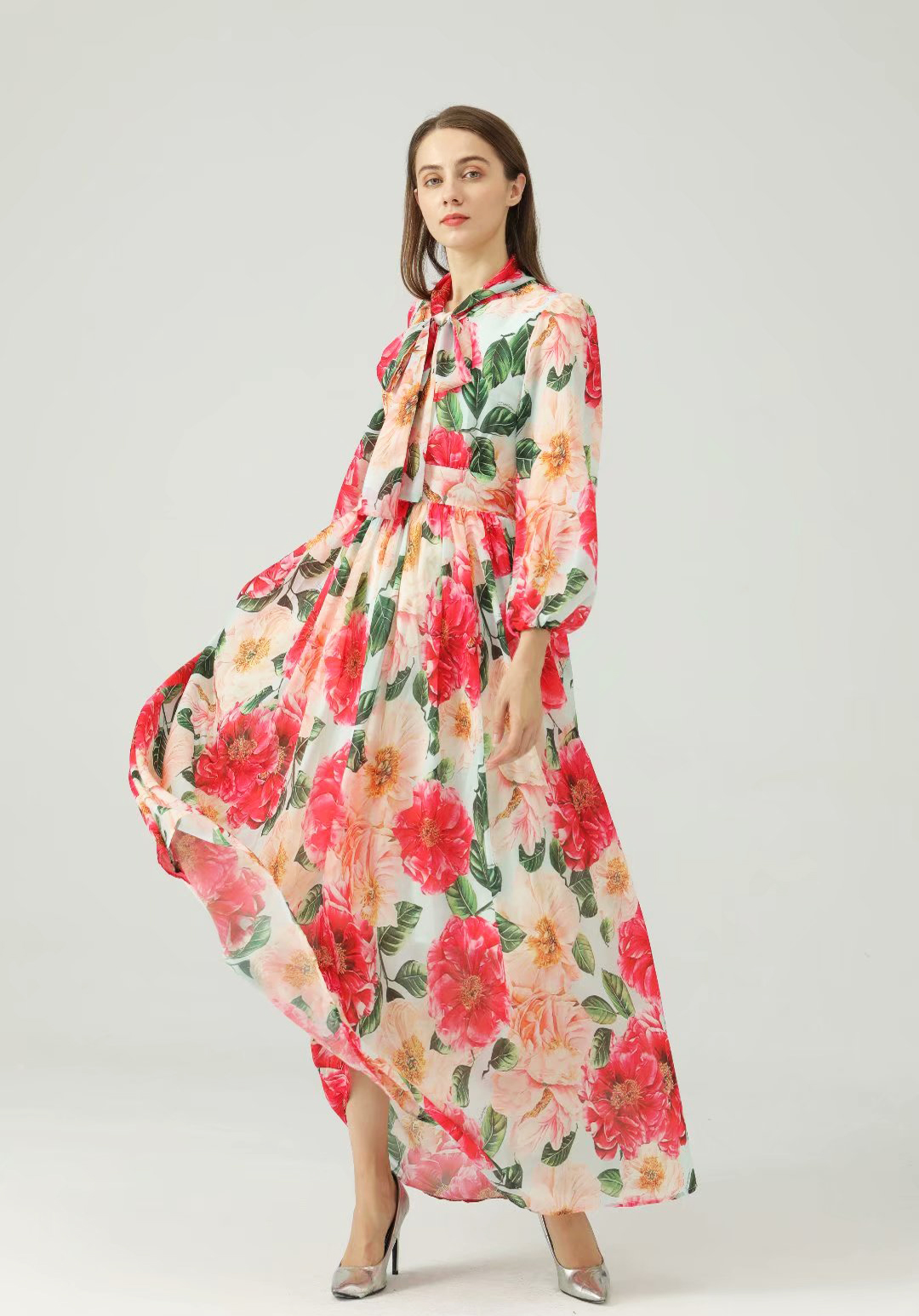 Women's Runway Dresses Lace Up Bow Collar Long Sleeves Floral Printed Elegant Maxi Dress Party Prom