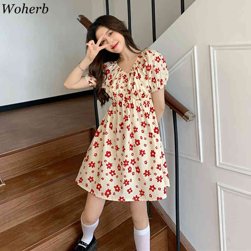 Summer Kawaii Floral Print Dress Women Elegant Puff Sleeve Sweet Dresses Ladies Korean Chic Mini Robe Vintage Vestidos 210519