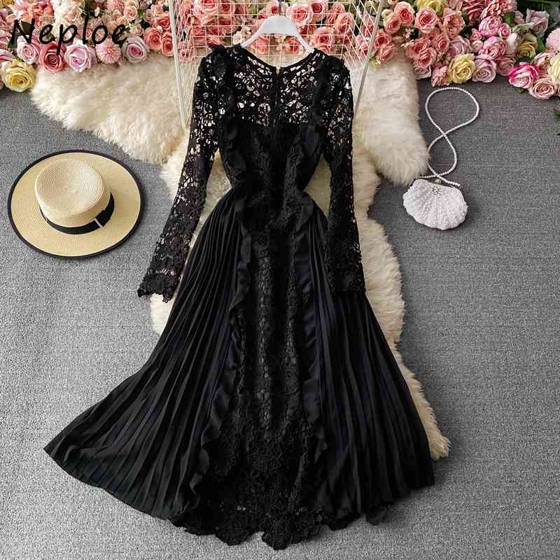 Neploe Elegant Lace Patchwork Hook Flower Chiffon Dress Women High Waist Hip A Line Long Vestidos Spring Long Sleeve Robe Solid 210422