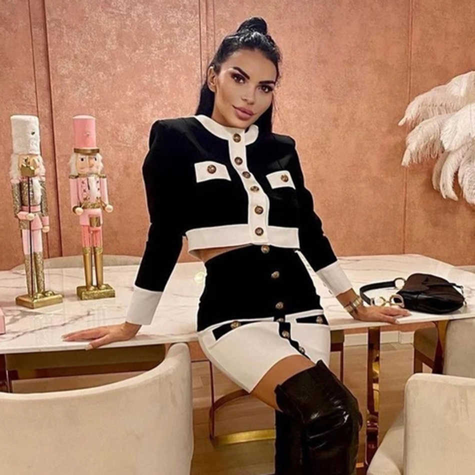 High Street Summer Patchwork 2 Two-Piece Set O-Neck Long Sleeve Pocket Button Mini Bandage Dress Female Short Set 210825