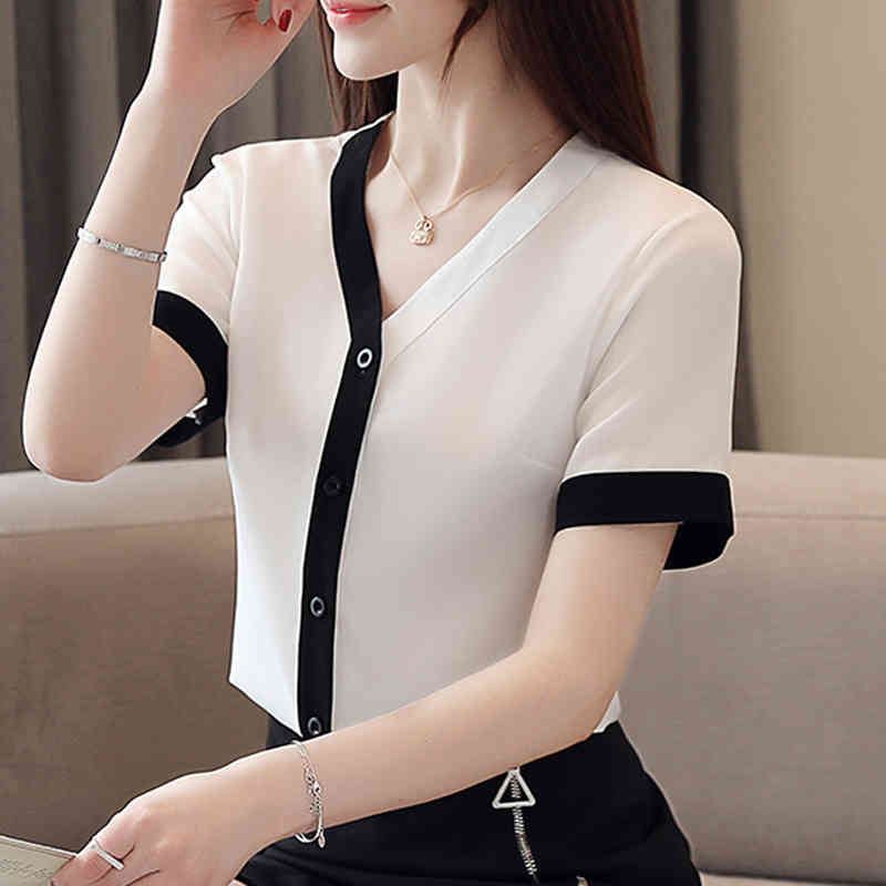 Korean Fashion Clothing Summer V Neck Women Tops Casual Short Sleeve Solid Shirt for White Chiffon Cardigan Blouse 9567 210506