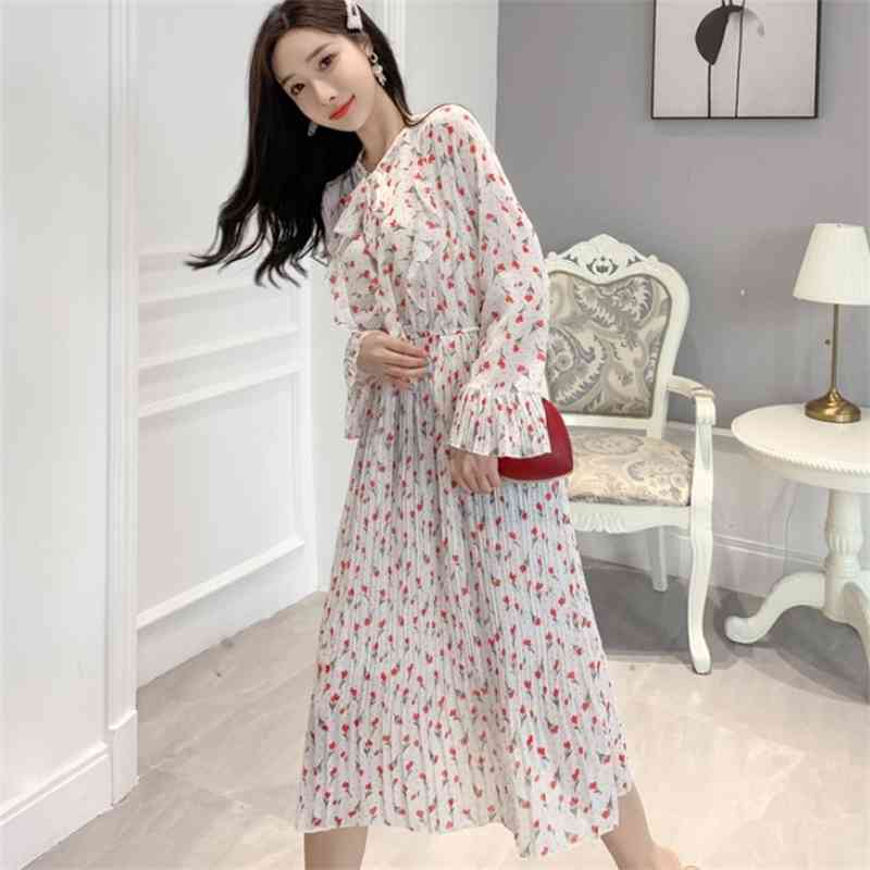 Spring Chiffon Dress Female Sweet Bow Tie Flare-sleeved Printing Fashion High Waist Casual Pleated Dresses Robe 210519