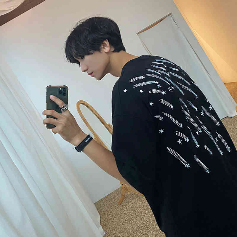 IEFB Meteor Print Short Sleeve T-shirt Men's Summer Korean Loose Black White Tee Tops Fashion Casual Print Men's Clothing 9Y7690 210524