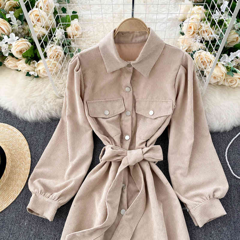 LoveFlowerLife Autumn Fashion Streetwear Midi Dress Retro Corduroy Blouse Women Turn-down Collar Single Breasted A-line Dresses 210521