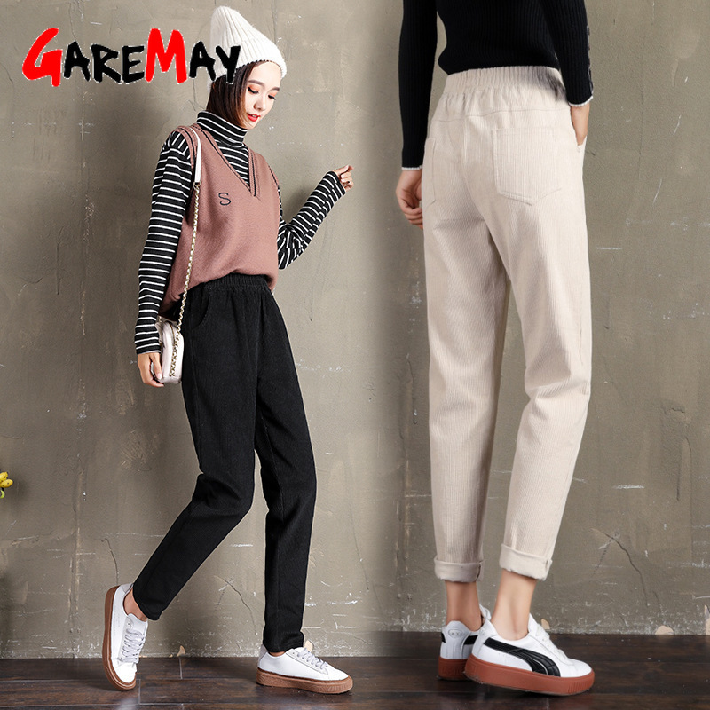 Corduroy Women's Spring and Autumn Thicken High Waist Trousers Cotton Loose Harem Casual Pants Large Size Style Korean 210428