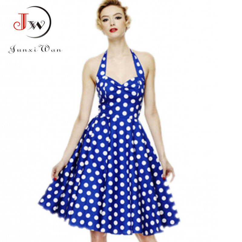 Women Polka Dot Dress Summer Hepburn 50s 60s Vintage A-Line Halter Rockabilly Retro Party es Vestidos 210510