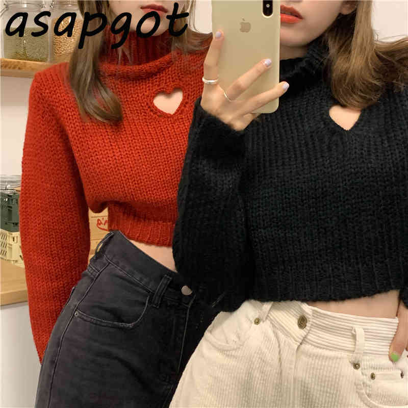 Solid Long Sleeve Red Turtleneck Pullovers Sweater Women Loose Love Heart Hollow Out Knitted Top Short Chic Fashion Korean Pull 210429