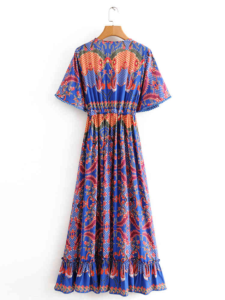 beauty Fashion Boho Vintage Print Maxi Dress Women Holiday Chic V-neck Single-breasted Summer Long Dresses Female 210514