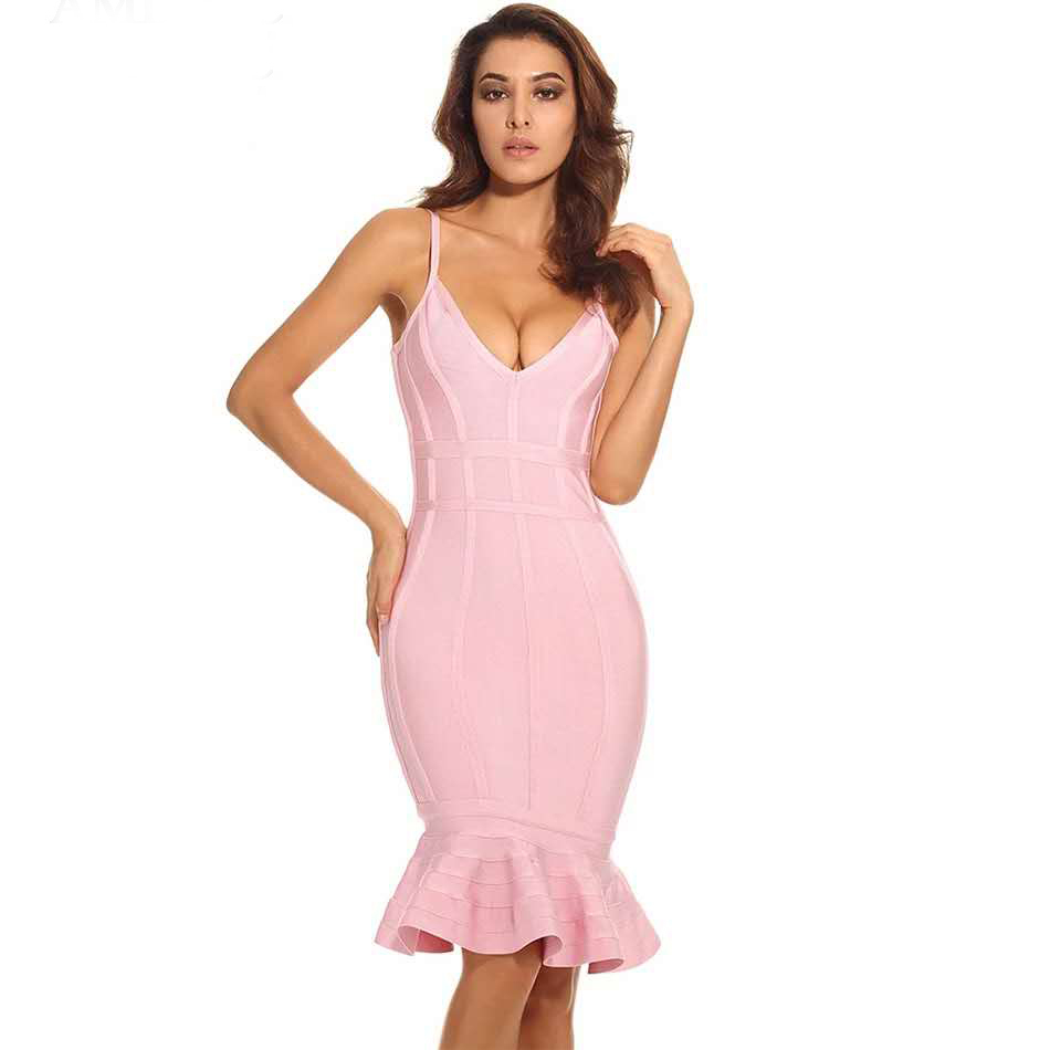 summer women's pink bandage dress Bodycon Vestidos spaghetti with mermaid sexy club celebrity party 210524