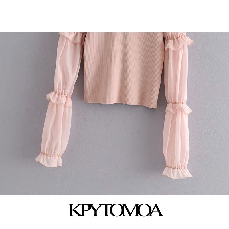 Women Chic Fashion Organza Patchwork Knitted Sweater See Through Sleeve Ruffle Stretch Pullovers Tops 210420
