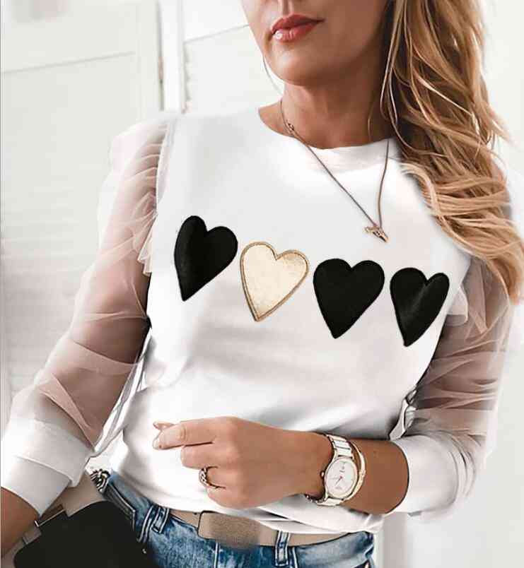 Autumn Patchwork Beaded Sheer Mesh Blouse Sexy O Neck Hollow Out Women Shirt Blusa Elegant Ruffle Puff Long Sleeve Tops Pullover S0806