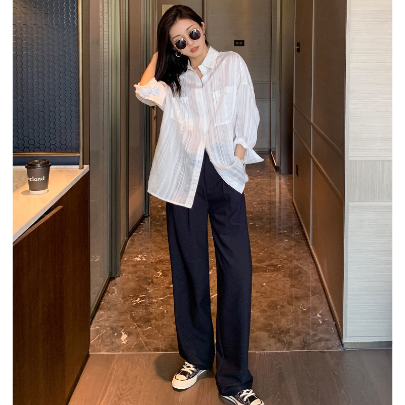 Retro Straight Wide Leg Pant Vintage Female Korean High Waist Casual Long Coffee White Beige Trousers 210510