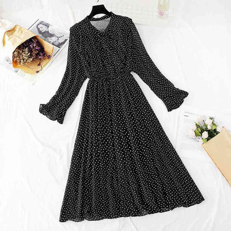 Spring Long-sleeved Office Ladies Casual Chiffon Dress Elastic Waist O-neck Polka Dot Print Female Mid-calf Vestidos 210521