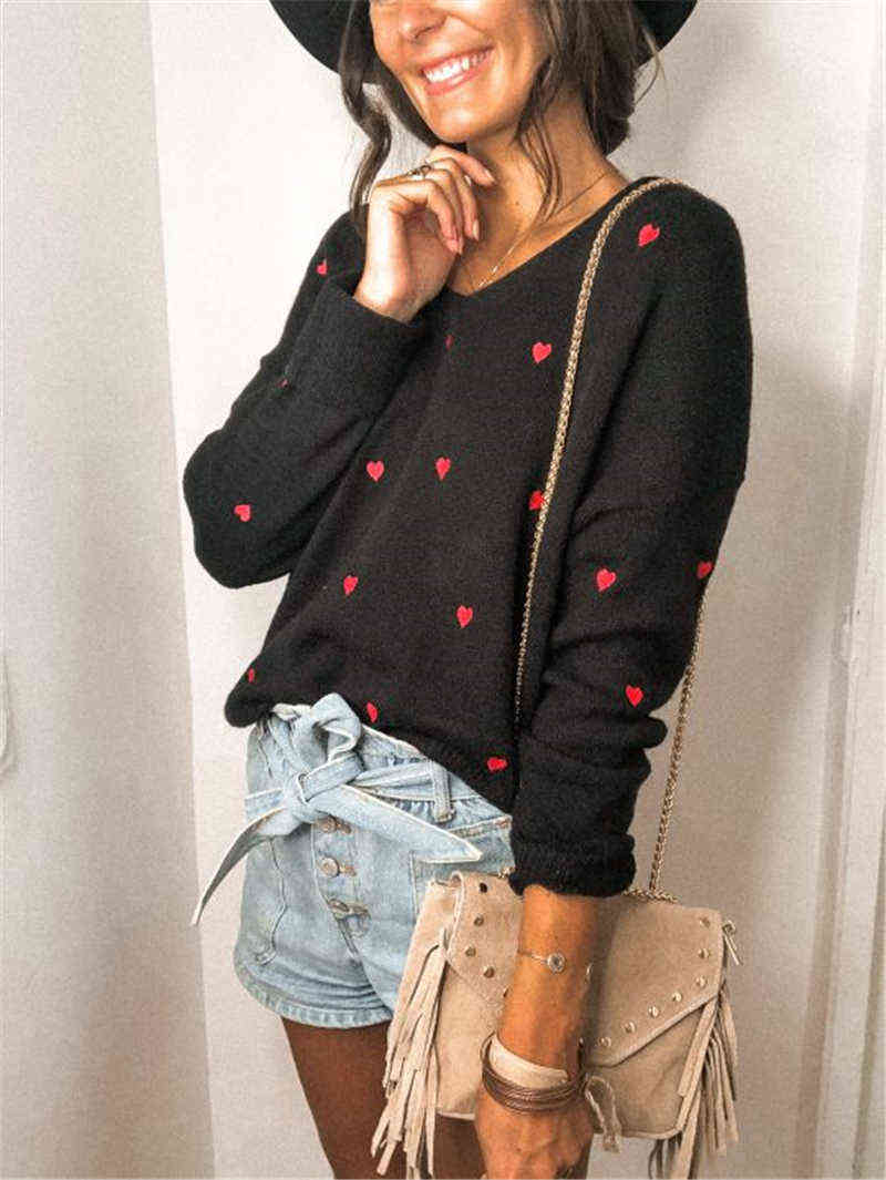 Fitshinling V Neck Embroidery Heart Sweater Women Pullover Knitwear Korean Style Kawaii Jumper Winter Casual Sweaters Tops Sale 211109