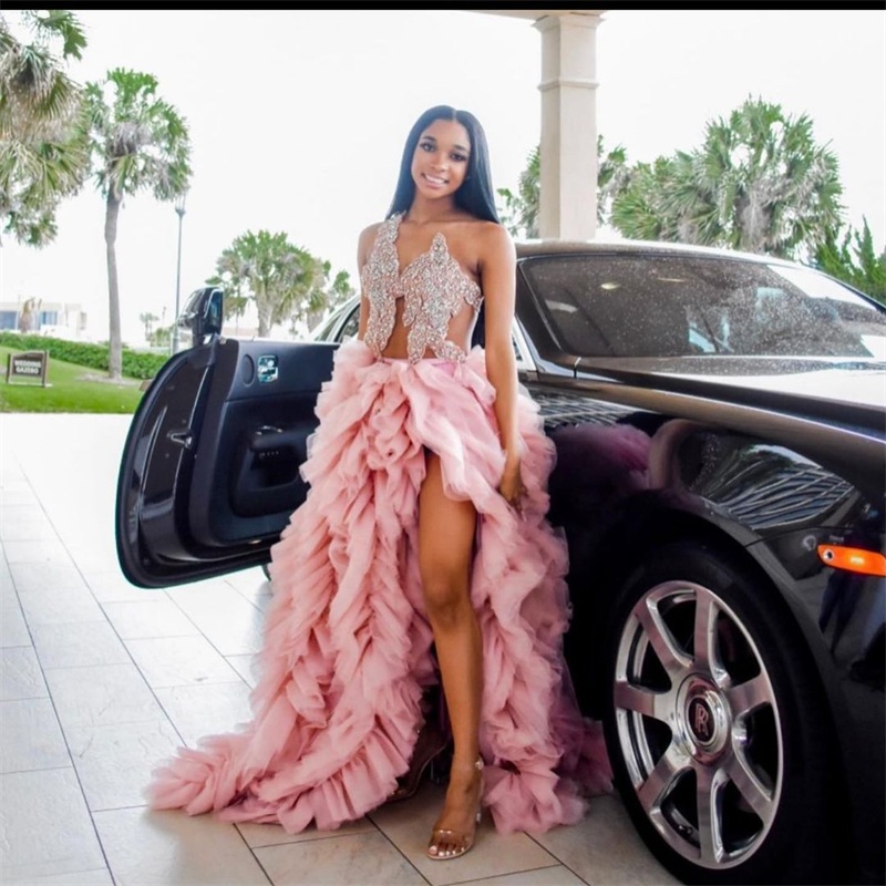 Luxury Pink Prom Dresses Sexy Side Split Ruffles Tulle Appliqued Sequins Beads Sparkly Evening Dress Robe De Mariée Custom Made
