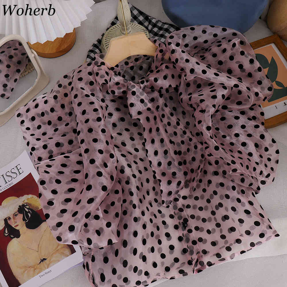 Polka Dot Shirt Women Summer Korean Blusas Mujer Loose Chic Chiffon Blouse O Neck Bow Single Breasted See Through Tops 210519