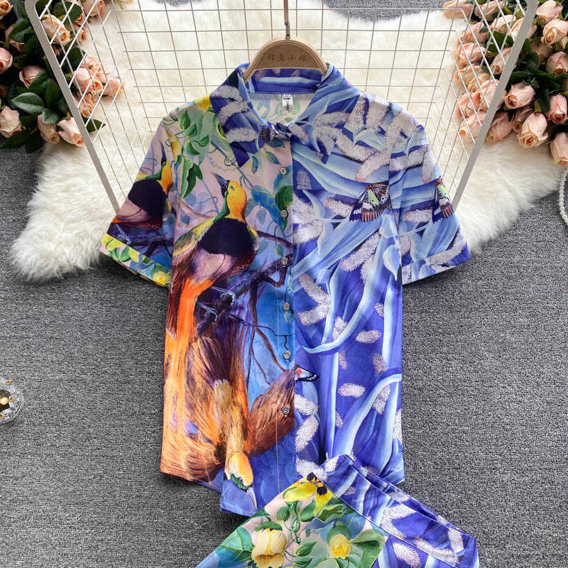 DEAT Women Lapel Short Sleeve Printing Shirt Shorts Arrivals Two Piece Set Fashion Temperament Spring Summer 11D1563 210709