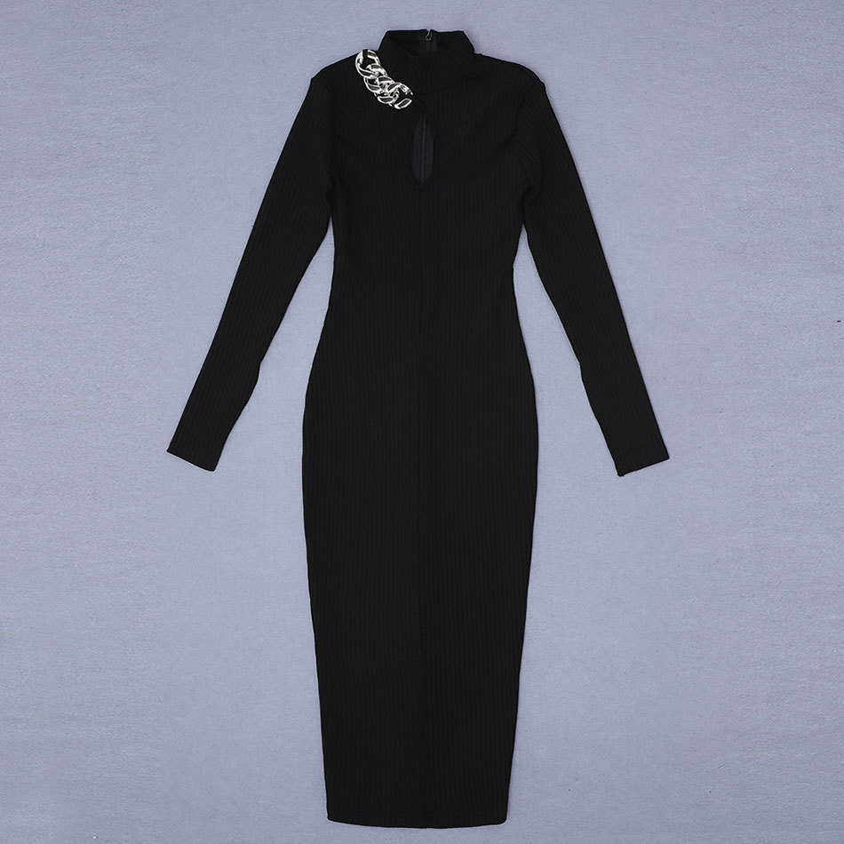 Free Women Knit Dress Sexy Stand Collar Long Sleeve Hollow Black Bodycon Club Midi Celebrity Party 210524