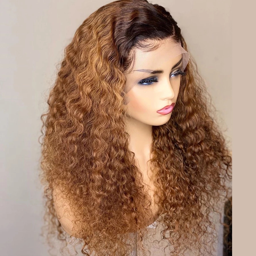 Synthetic Lace Closure Wig Afro Kinky curly Long Ombre light brown Hair Natural Style 18Inch For Women