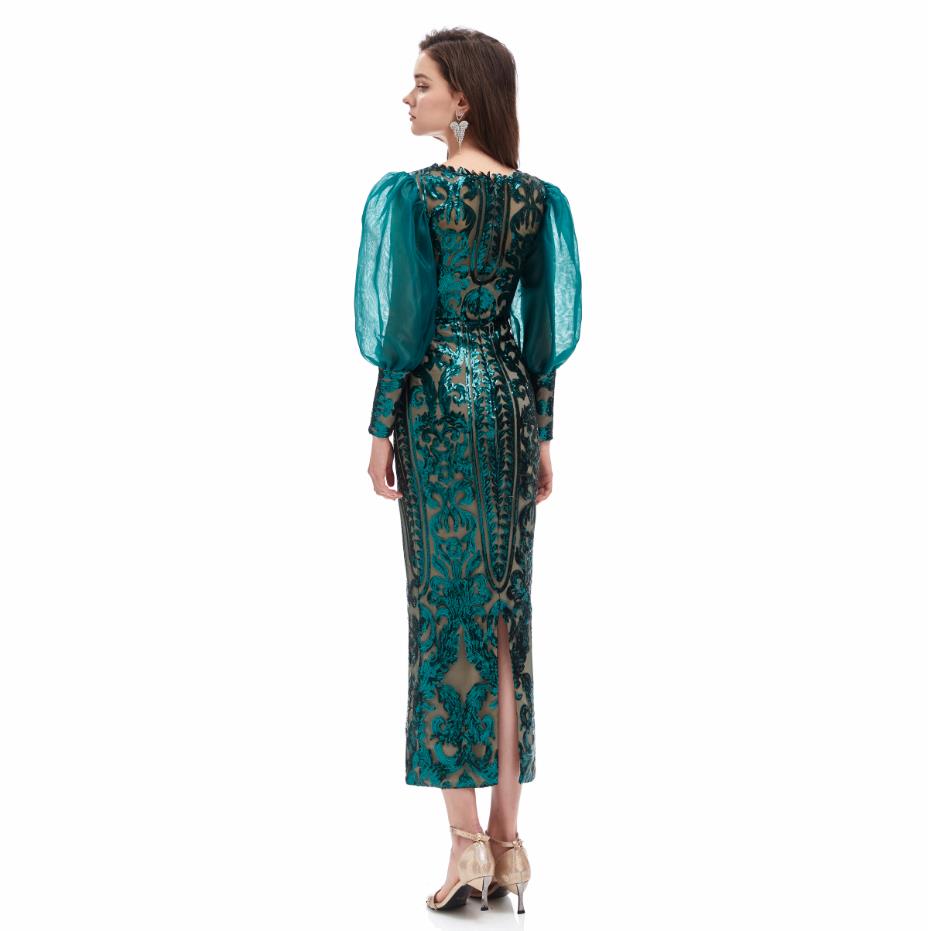 Tea-length Long Sleeve Prom Dresses Real Image Applique Sequins V-neck Burgundy Pink Evening Cocktail Dress in Stock