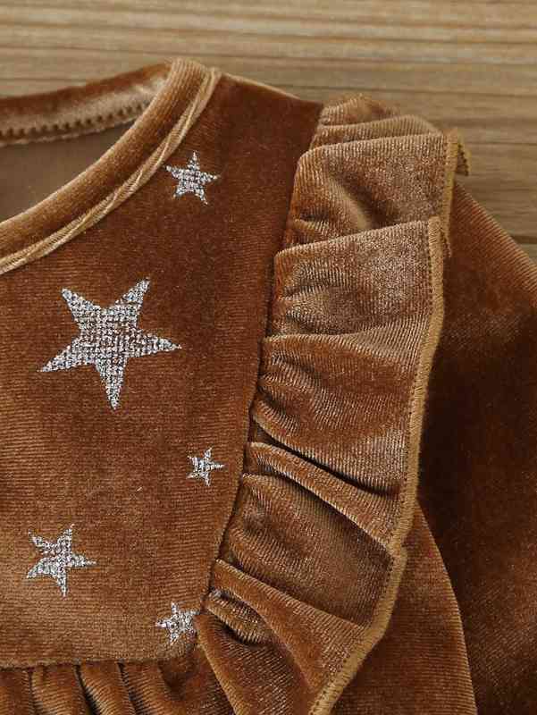 Baby Glitter Star Ruffle Trim Velvet Jumpsuit With Headband SHE