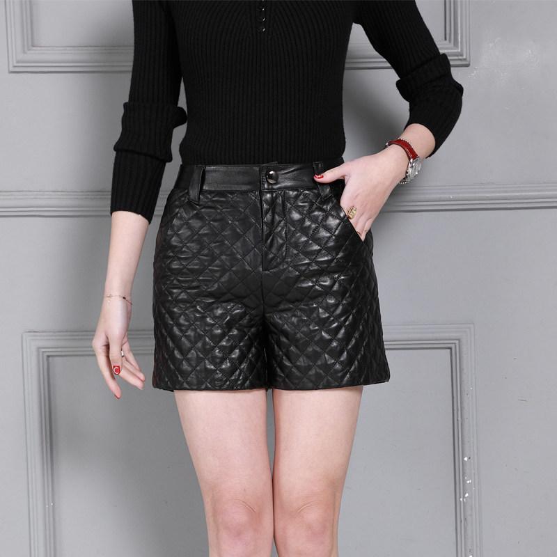 British Plaid Womens Winter Genuine Leather Shorts High Waist Office Ladies Wide Leg Slim Fit Trousers Plus Size S-4XL Women's
