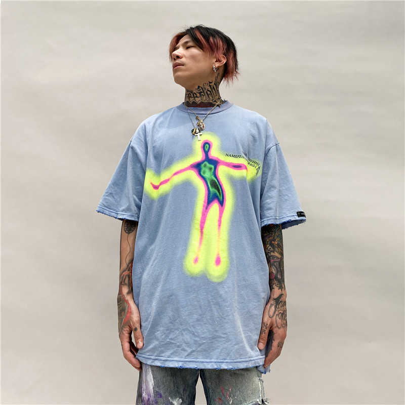 UNCLEDONJM Distorted Portrait Printing Short-Sleeved T-shirt Hip-Hop Summer streetwear oversized retro men t shirt 210629