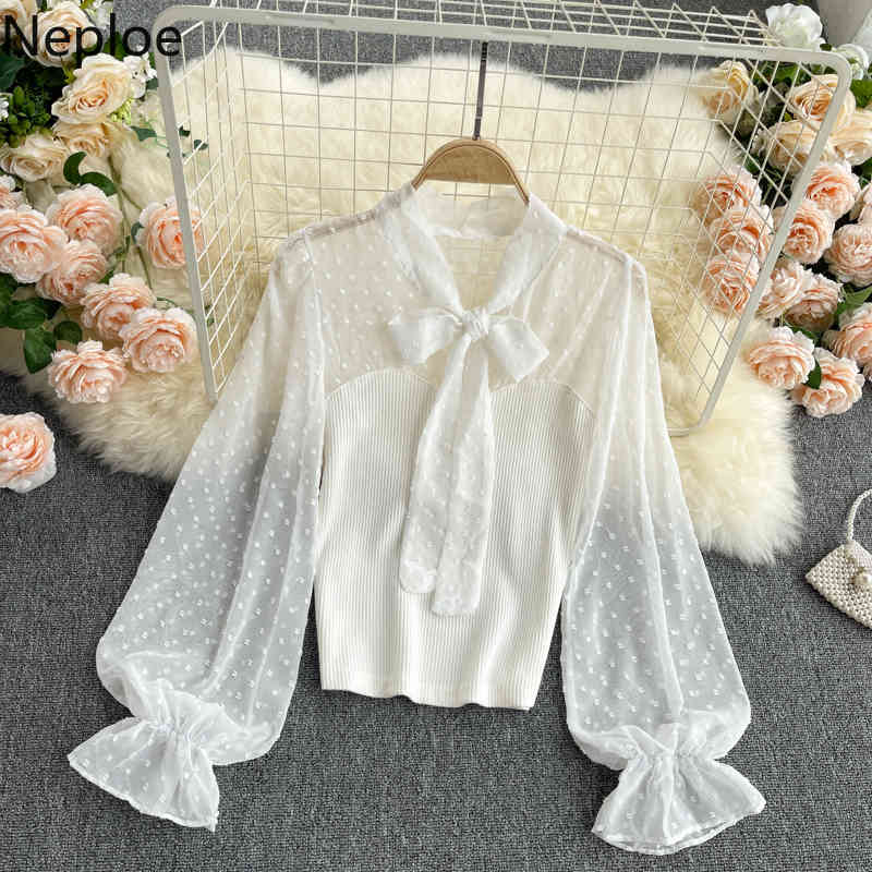 Neploe Women Clothing Patchwork Puff Sleeve Bow White Shirt Korean Fashion Polka Dot Blouses See Through Chiffon Blouse 4h736 210422