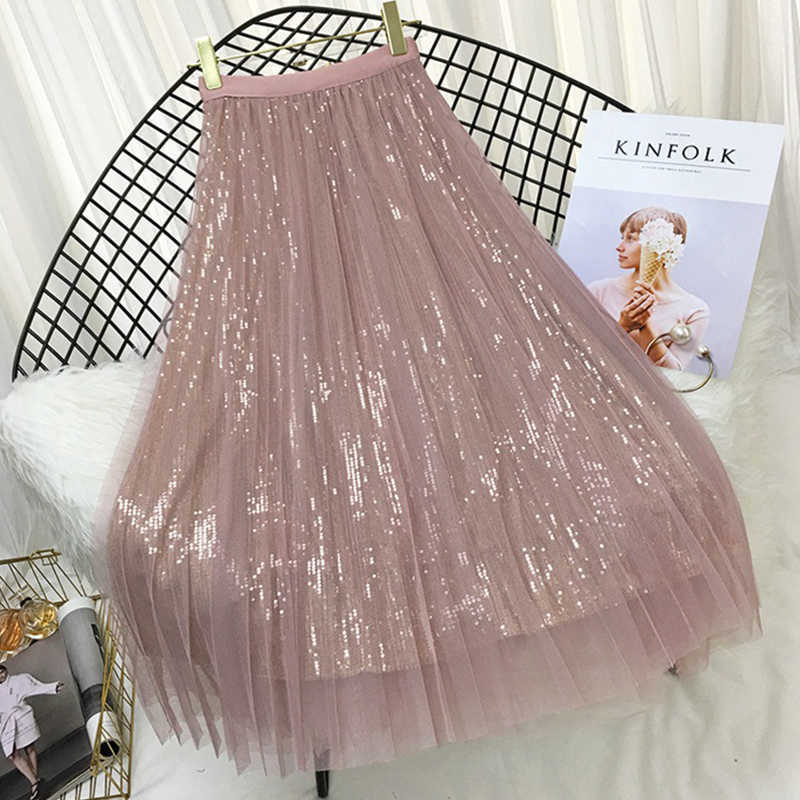 TIGENA 4 Layers Fashion Sequin Tulle Skirt Women Spring Summer Korean Long Maxi Female High Waist Pleated Pink 210621