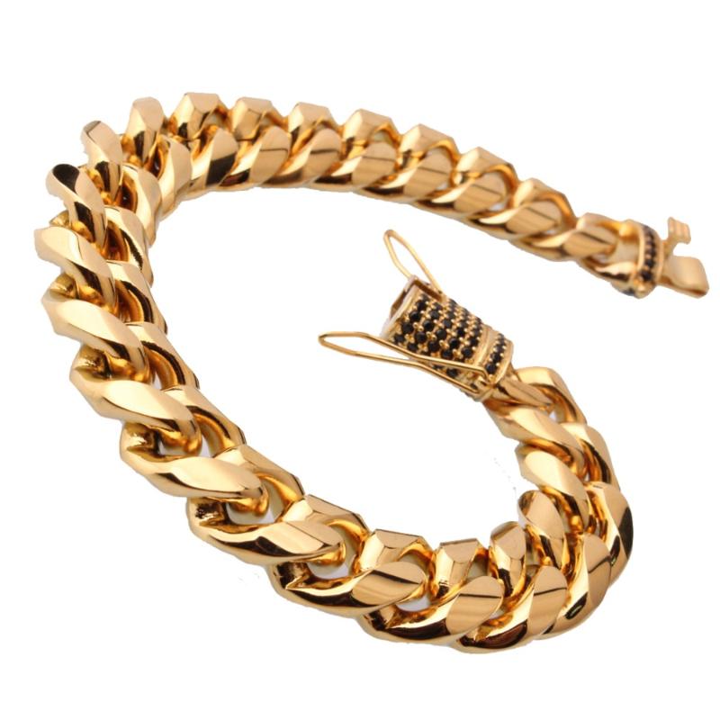 Link, Chain 15mm 7-11" Black Crystal 316L Stainless Steel Golden Miami Curb Cuban Link Bracelet Fashion Daily Jewelry