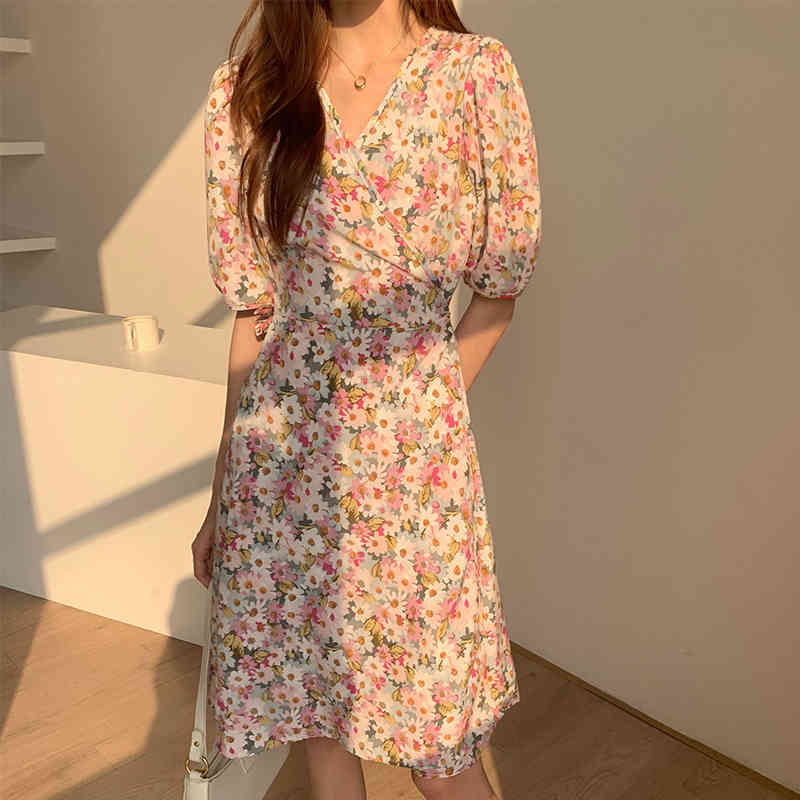 Neploe Women Short Sleeve Dress Print V Neck Female Elegant Chiffon High Waist A-line Dresses Korean Fashion Vintage Vestidos 210422