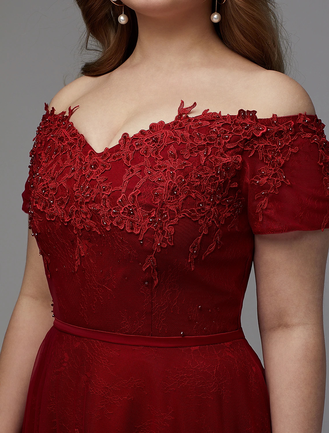 A-Line Plus Size Burgundy Engagement Evening Dress Off Shoulder Lace-up Short Sleeve Lace Appliques Formal Party Gown New Robes De Soirée Vestidos Fea